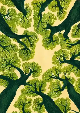 Upward view of tall green trees and leafy canopies against a warm sky