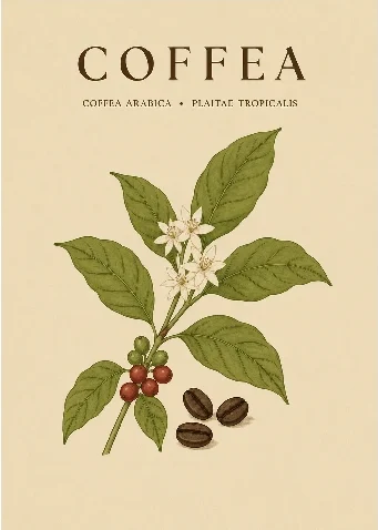 Vintage botanical illustration of an Arabica coffee plant with leaves, flowers, red coffee cherries and roasted beans
