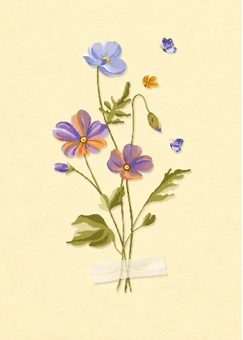 Delicate purple wildflower bouquet with butterflies on a soft yellow background