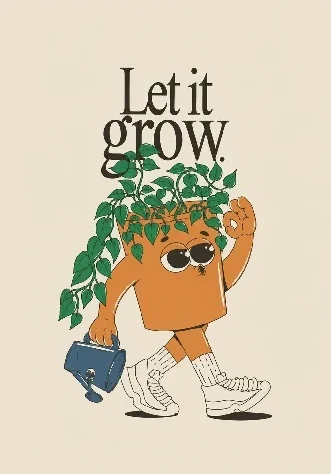 Let It Grow typography poster featuring a playful walking plant pot character carrying a watering can
