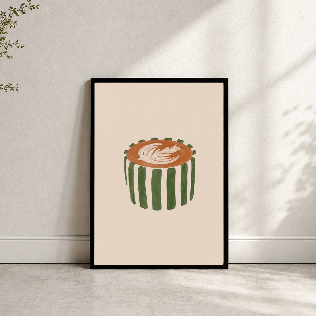 green striped coffee cup filled with latte art mockup