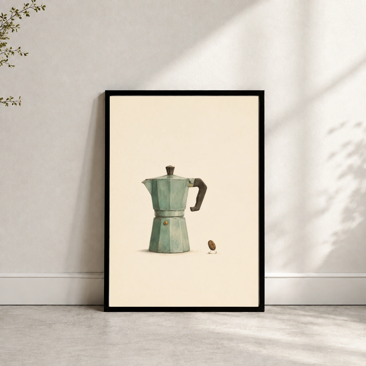 Vintage sage-green moka pot beside a tiny walking coffee bean on a cream background mockup