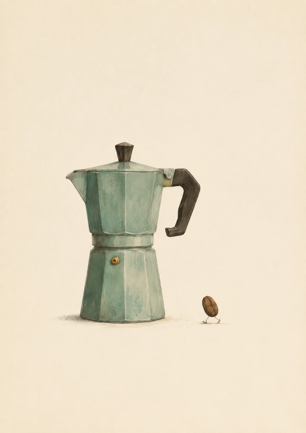 Vintage sage-green moka pot beside a tiny walking coffee bean on a cream background