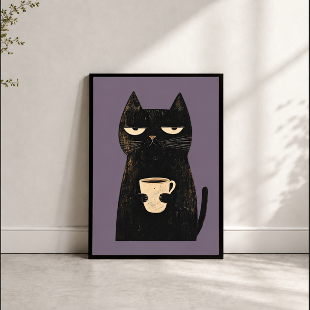 Vintage-style black cat mockup with half-closed eyes holding a cream coffee mug, with distressed textures and an upright tail.