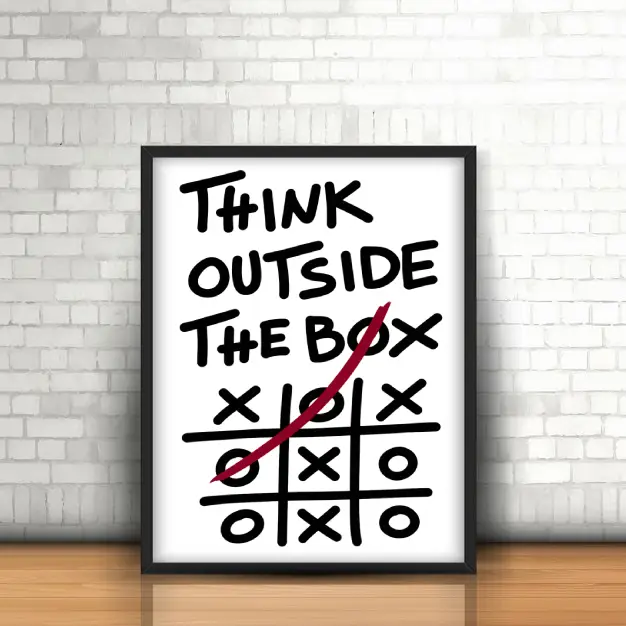 Think Outside the Box poster Mockup with black hand lettering, a tic-tac-toe grid, and a burgundy stroke extending beyond the grid.