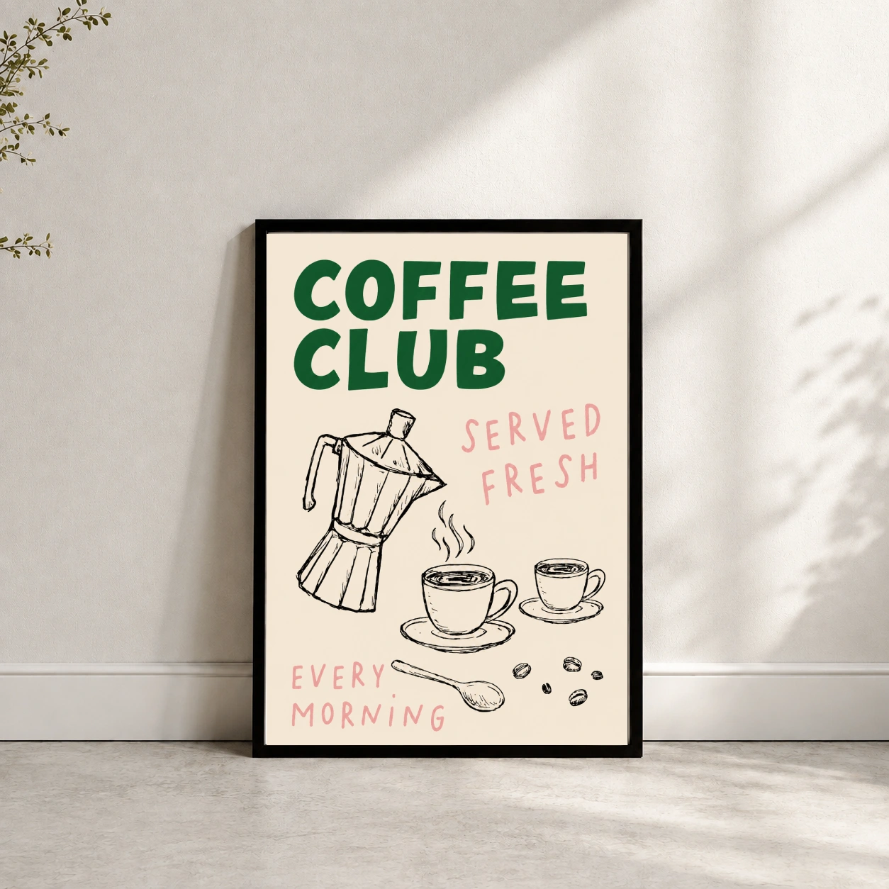 Vintage Coffee Club poster featuring a moka pot, two coffee cups, a spoon and scattered coffee beans mockup