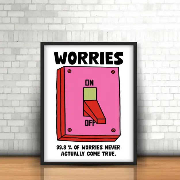Worries poster Mockup featuring a pink switch plate, red toggle pointing toward Off, and a small quote beneath.