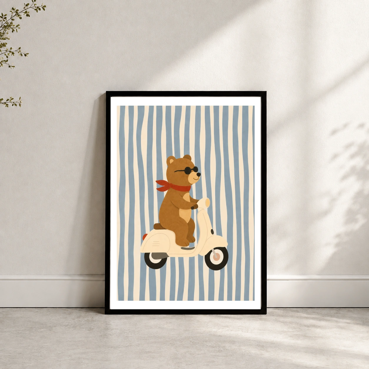 Brown bear wearing sunglasses and a red scarf while riding a vintage white scooter mockup