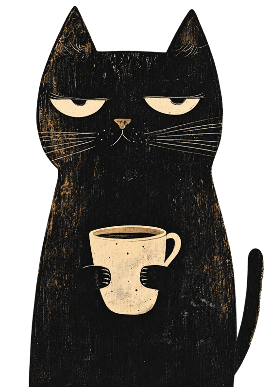 Vintage-style black cat with half-closed eyes holding a cream coffee mug, with distressed textures and an upright tail.