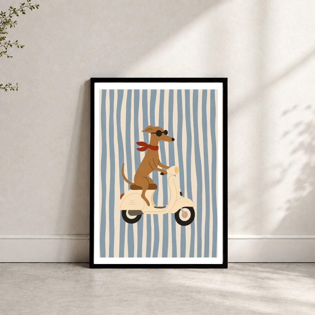 Sunglassed dog riding vintage scooter mockup