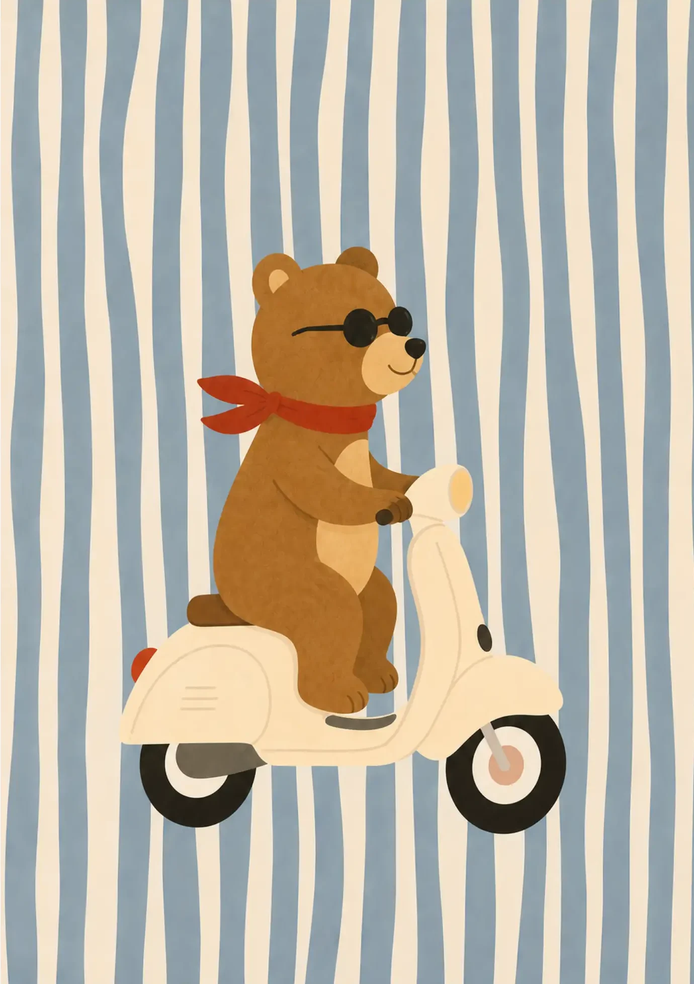 Brown bear wearing sunglasses and a red scarf while riding a vintage white scooter