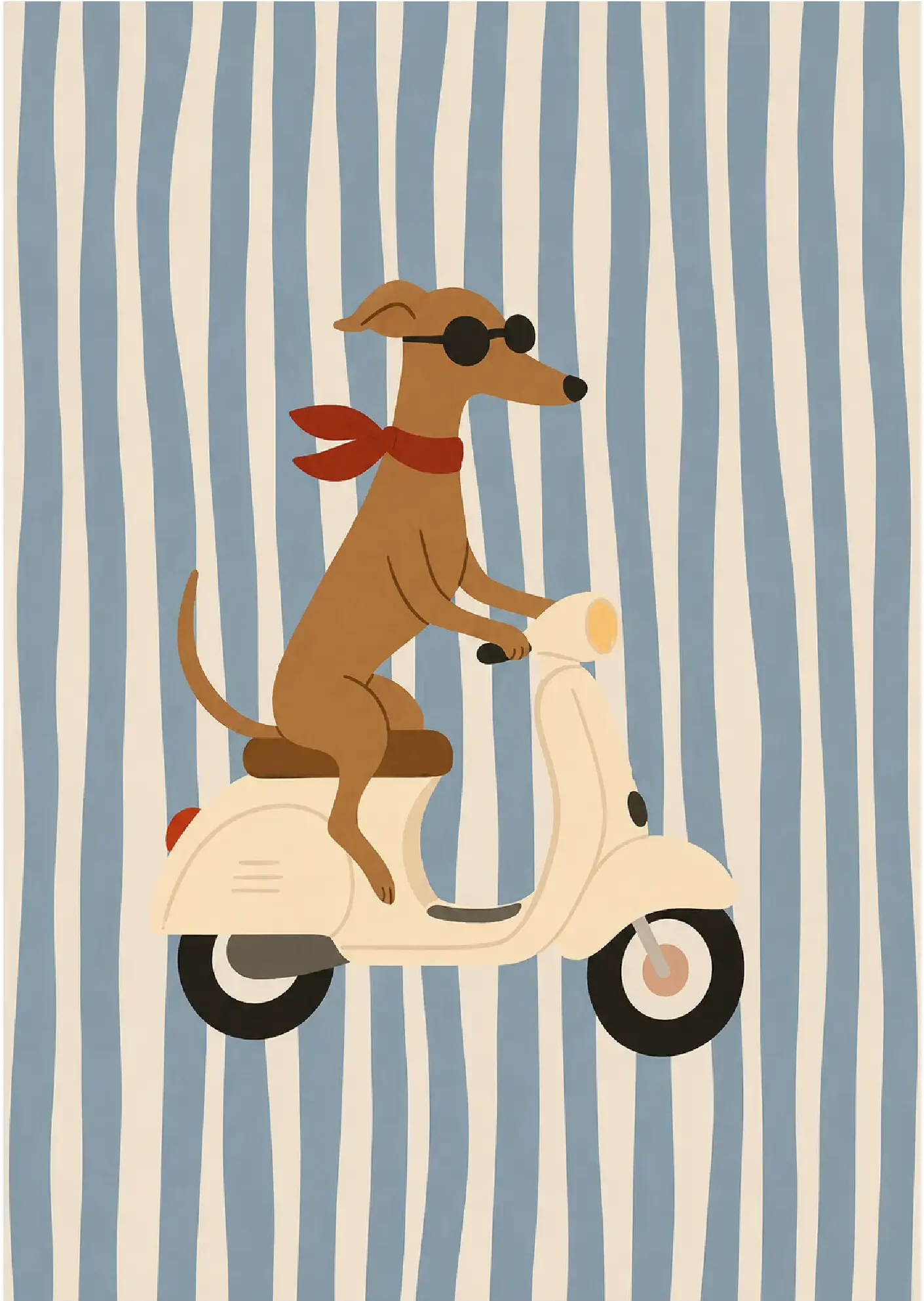 Dog riding a vintage scooter