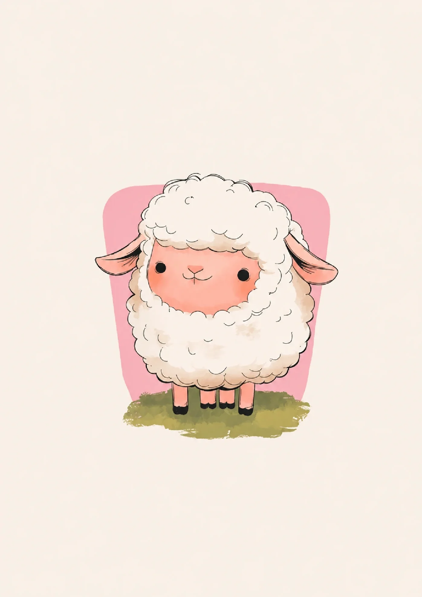 Cute fluffy white baby sheep with a pink face standing on grass