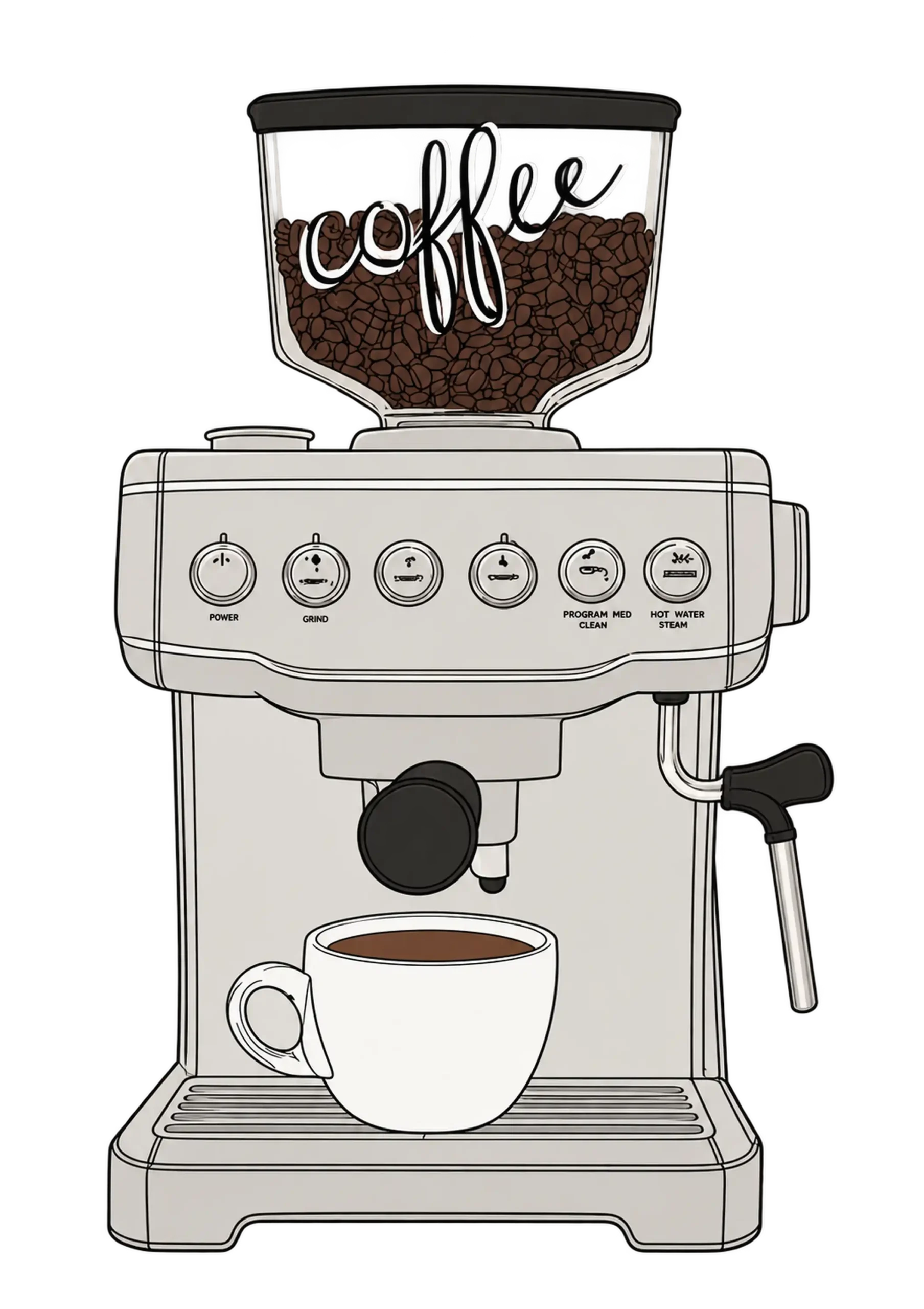 Illustrated silver espresso machine with a coffee bean hopper, steam wand and white cup of coffee.