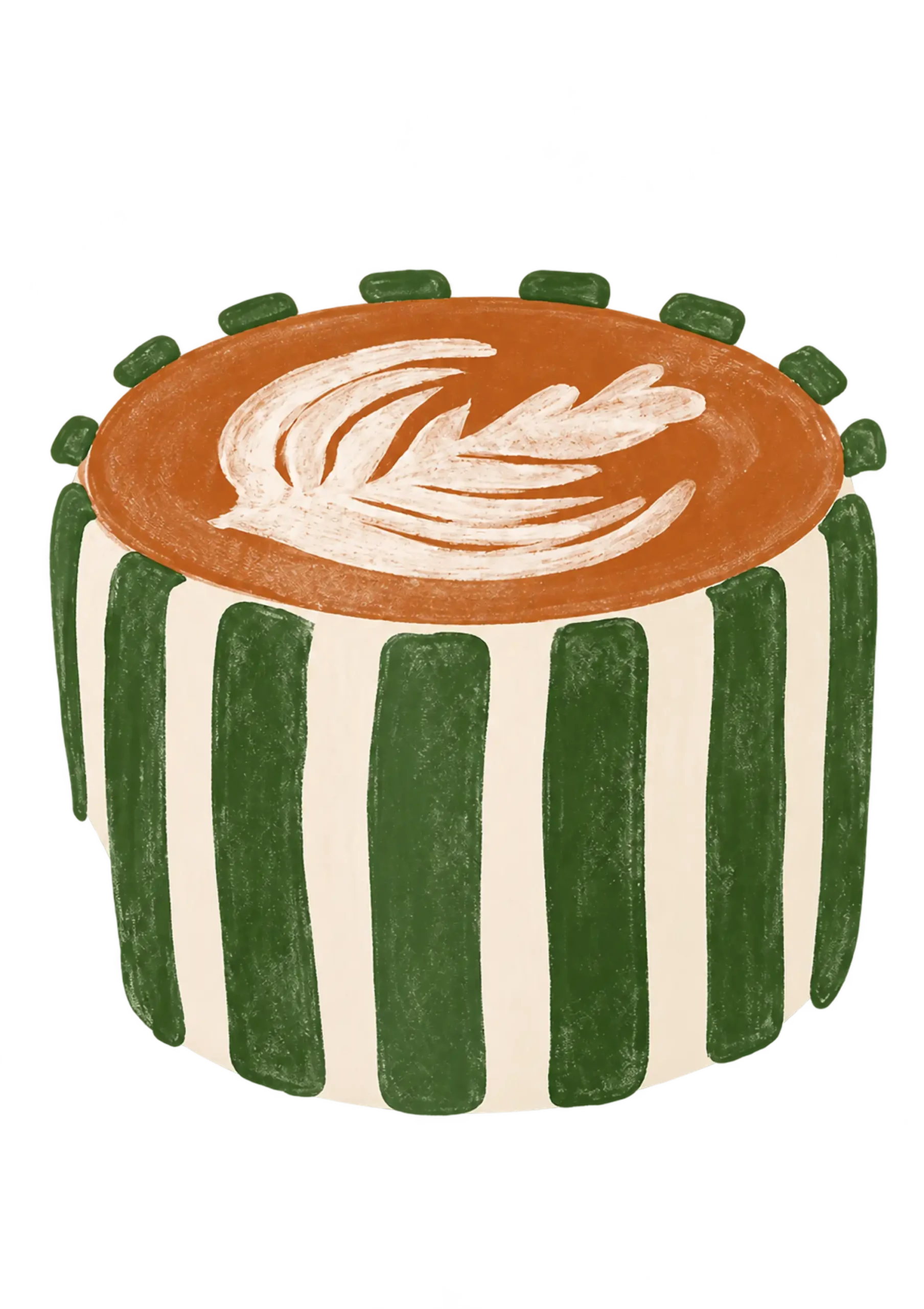 Green and cream striped coffee cup filled with a latte topped with white leaf-shaped foam art.