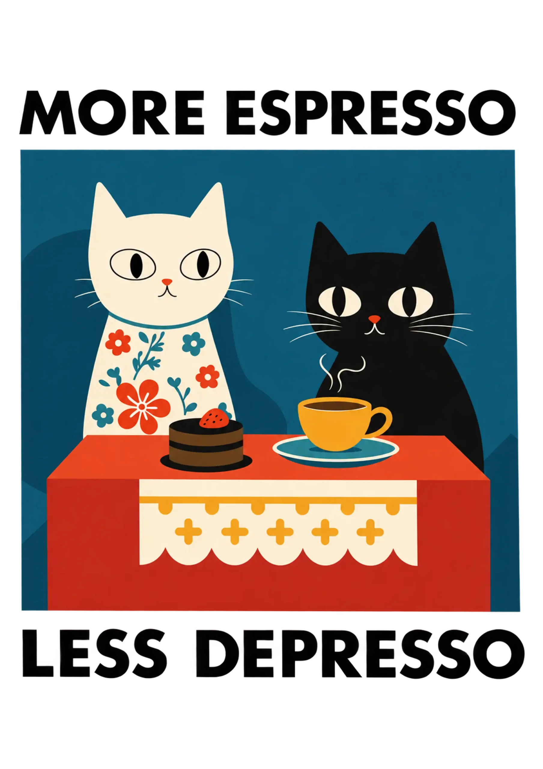 Two cats at a table with coffee and cake, framed by “MORE ESPRESSO” and “LESS DEPRESSO” lettering.