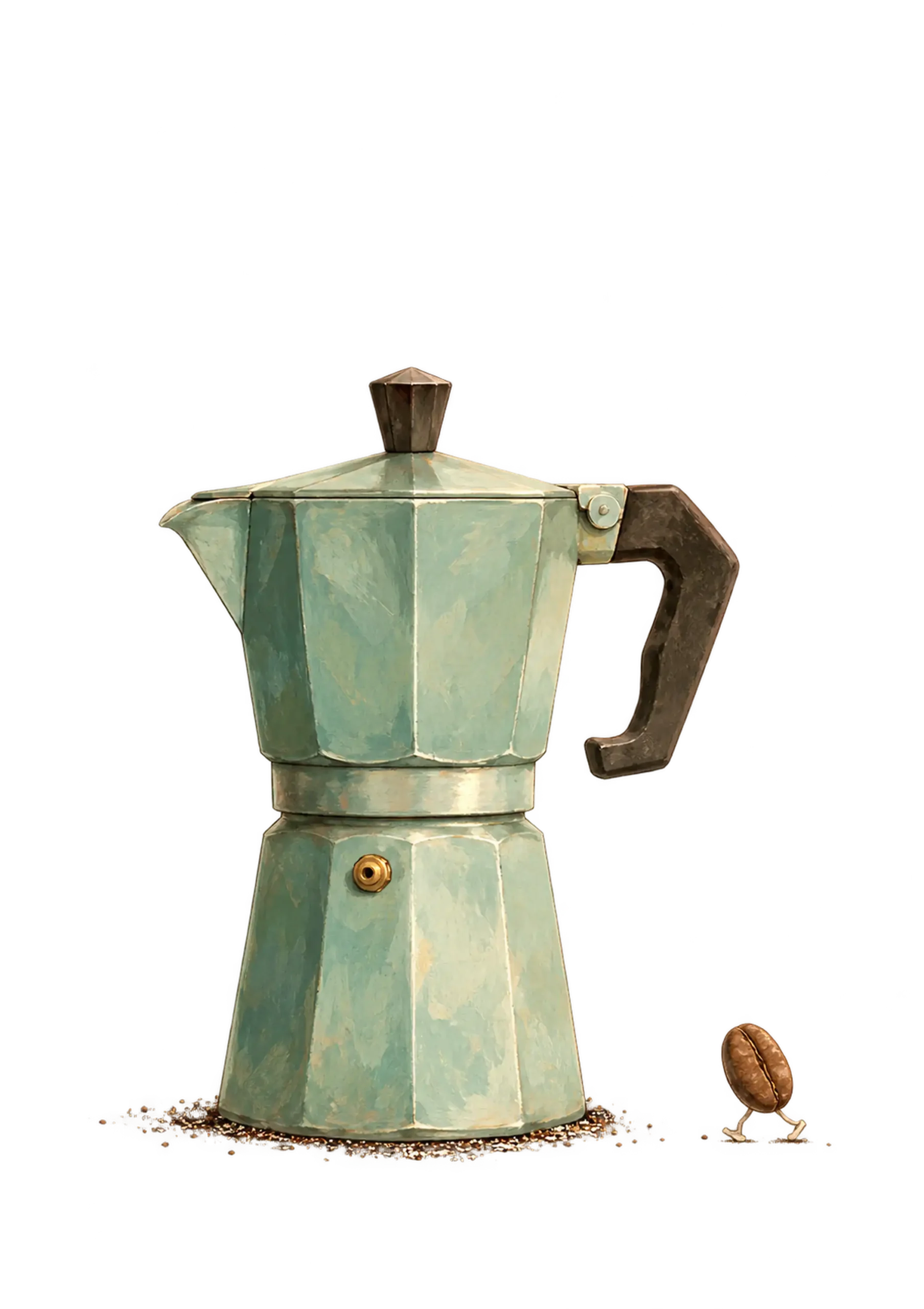 Vintage sage-green moka pot with a brown handle and a tiny walking coffee bean beside it.