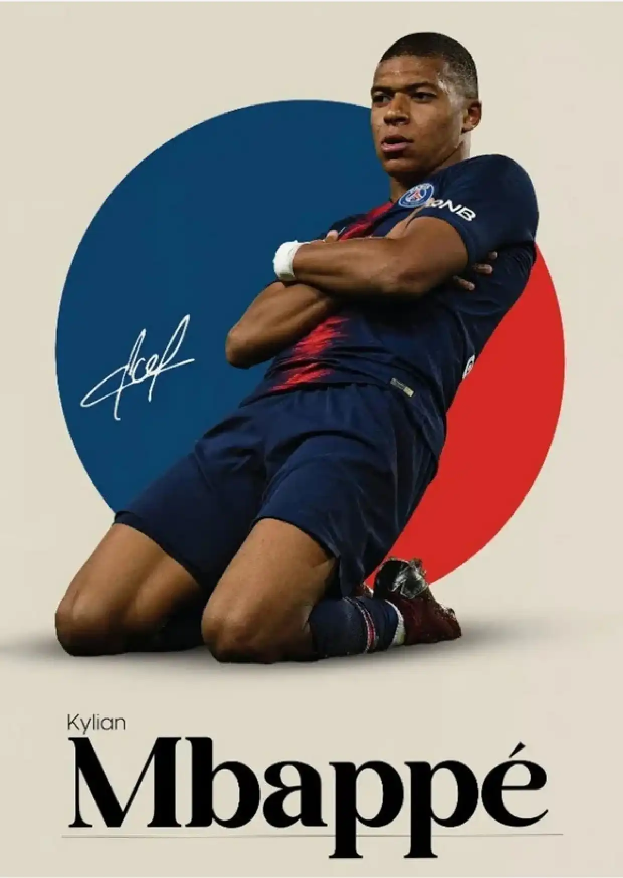 White-framed Kylian Mbappé poster showing a crossed-arm knee-slide celebration against a blue and red circle on cream.