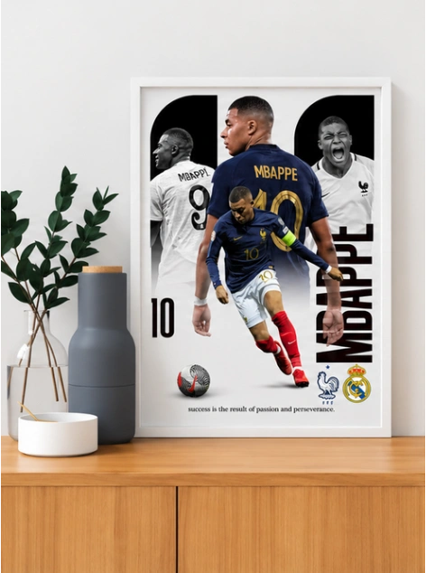 White-framed Kylian Mbappé collage poster featuring his France number 10 jersey and football action portraits.
