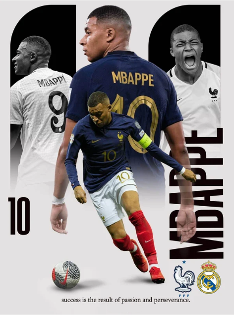 White-framed Kylian Mbappé collage poster featuring his France number 10 jersey and football action portraits.