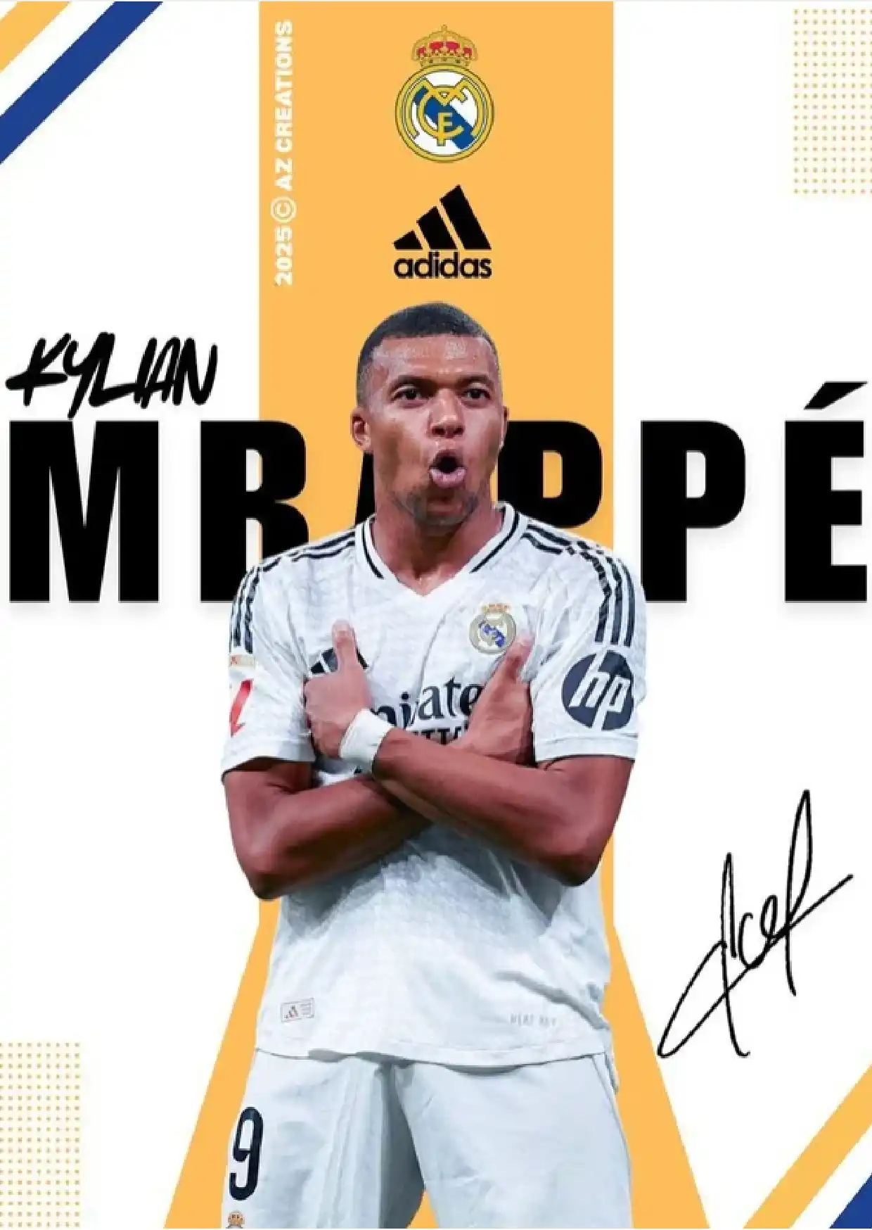 White-framed Kylian Mbappé Real Madrid poster showing his crossed-arm pose in a white number 9 kit against yellow graphics.
